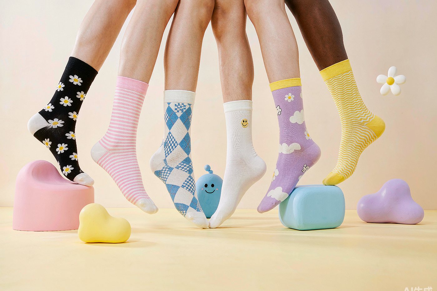 Six pairs of colorful UWEAR LAB crew socks modelled on feet