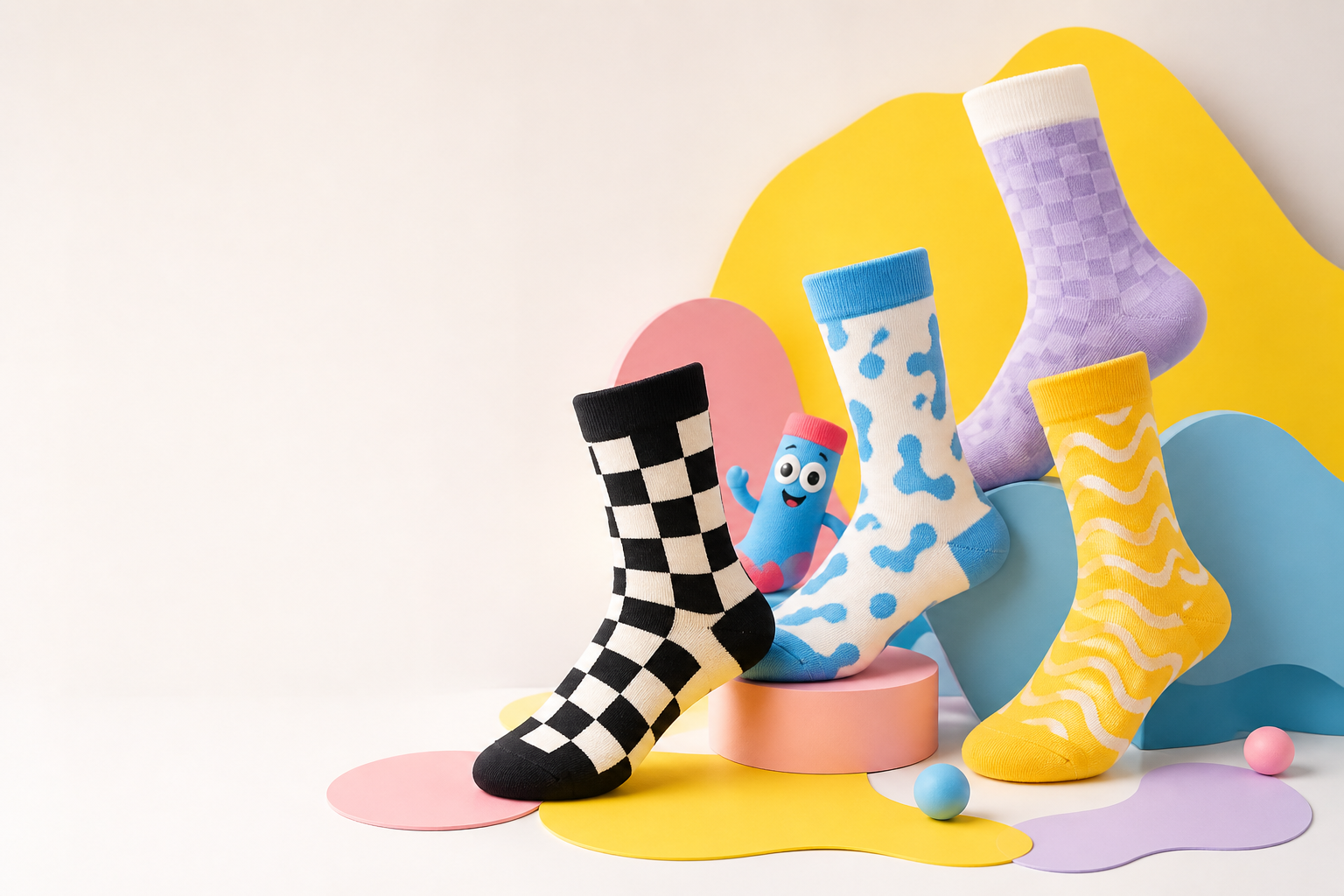 Colorful UWEAR LAB socks with a cheerful sock mascot