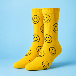 Yellow Happy Day crew socks with black smiley faces