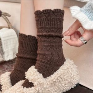 Women's wool lace mid-calf socks, coffee — hollow knit, scalloped cuff