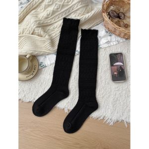 Women's lace wool boot socks, black — hollow knit, scalloped cuff