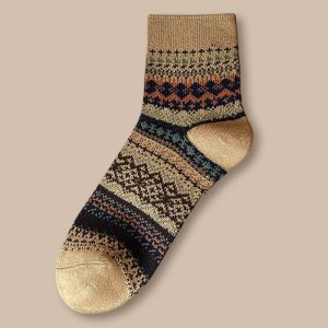 Men's folk mid-calf socks, khaki — thick cotton blend, double-needle