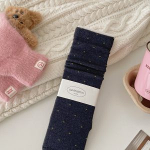 Women's polka-dot mid-calf socks, navy — thick wool-feel, loose cuff