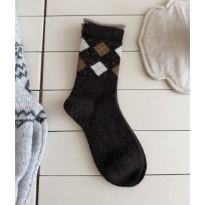 Women's diamond mid-calf socks, black — double cuff, thick warm