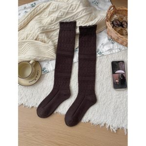 Women's lace wool boot socks, coffee — hollow knit, scalloped cuff