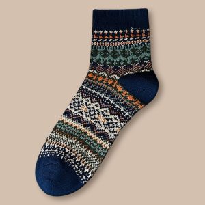 Men's folk mid-calf socks, navy — thick cotton blend, double-needle