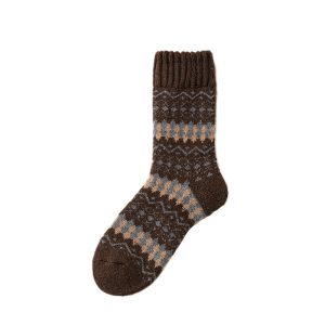 Women's ultra-thick Fair Isle mid-calf socks, coffee — wool blend