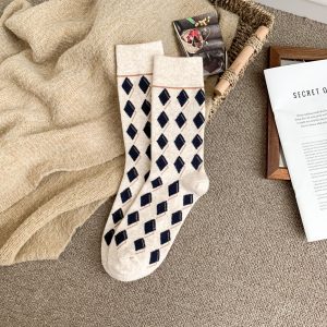 Men's thick brushed argyle mid-calf socks, oatmeal — winter warm
