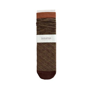 Women's coffee diamond mid-calf socks — orange cuff