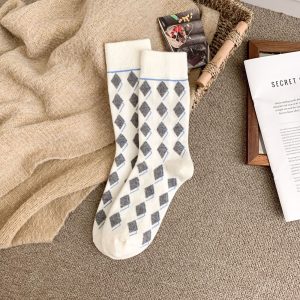 Men's thick brushed argyle mid-calf socks, white — winter warm