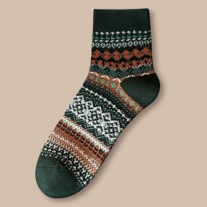 Men's folk mid-calf socks, dark green — thick cotton blend, double-needle