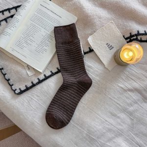 Women's fine stripe mid-calf socks, coffee — rolled cuff, soft wool-feel