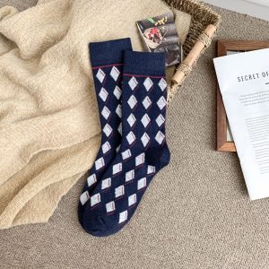 Men's thick brushed argyle mid-calf socks, navy — winter warm
