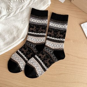 Women's Fair Isle mid-calf socks, black — wool blend, vintage pattern