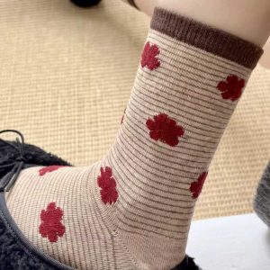 Women's contrast polka-dot mid-calf socks, beige — cotton, colour-block cuff