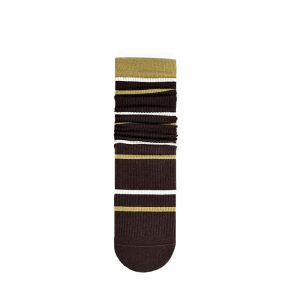 Women's brown horizontal stripe mid-calf slouch socks — seamless toe