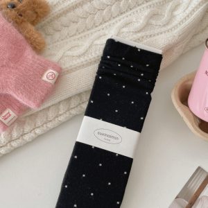 Women's polka-dot mid-calf socks, black — thick wool-feel, loose cuff