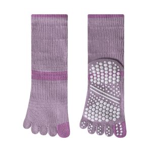 Women's five-toe yoga socks, purple — non-slip grips, mid-calf