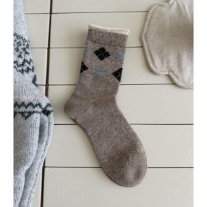 Women's diamond mid-calf socks, light coffee — double cuff, thick warm