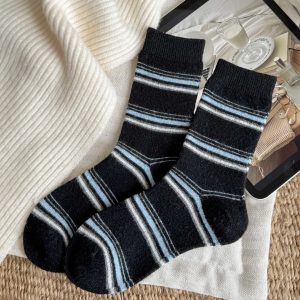 Women's simple stripe mid-calf socks, black — thick warm, stackable