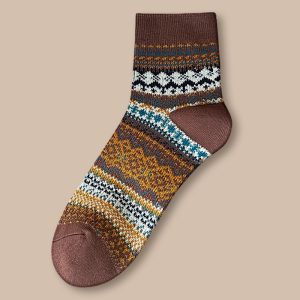 Men's folk mid-calf socks, coffee — thick cotton blend, double-needle