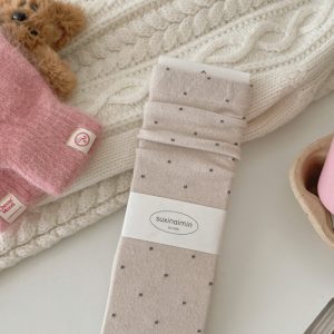 Women's polka-dot mid-calf socks, beige — thick wool-feel, loose cuff