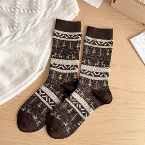Women's Fair Isle mid-calf socks, coffee — wool blend, vintage pattern
