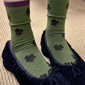 Women's contrast polka-dot mid-calf socks, green — cotton, colour-block cuff