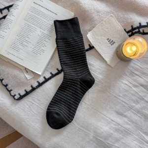 Women's fine stripe mid-calf socks, black — rolled cuff, soft wool-feel