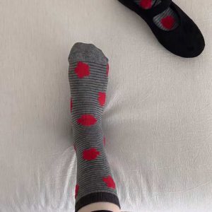 Women's contrast polka-dot mid-calf socks, grey — cotton, colour-block cuff