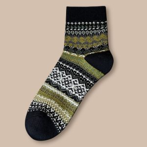 Men's folk mid-calf socks, black — thick cotton blend, double-needle