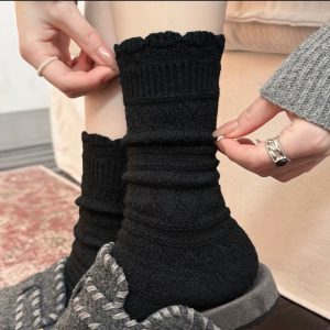 Women's wool lace mid-calf socks, black — hollow knit, scalloped cuff