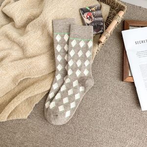 Men's thick brushed argyle mid-calf socks, elephant grey — winter warm