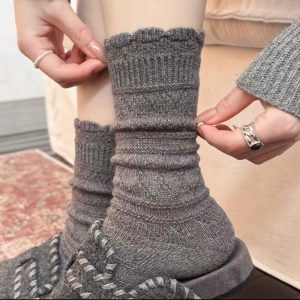 Women's wool lace mid-calf socks, grey — hollow knit, scalloped cuff