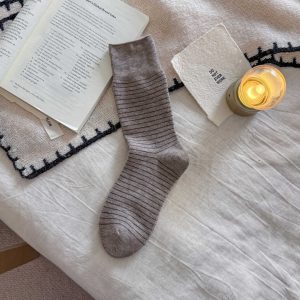 Women's fine stripe mid-calf socks, khaki — rolled cuff, soft wool-feel